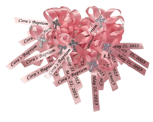 pink personalized ribbons for a baby shower or baptism